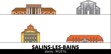France, Salins Les Bains flat landmarks vector illustration. France, Salins Les Bains line city with famous travel sights, skyline, design.  Stock Vector