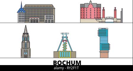 Germany, Bochum flat landmarks vector illustration. Germany, Bochum line city with famous travel sights, skyline, design.  Stock Vector