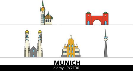 Germany, Munich flat landmarks vector illustration. Germany, Munich line city with famous travel sights, skyline, design.  Stock Vector