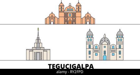 Honduras, Tegucigalpa flat landmarks vector illustration. Honduras, Tegucigalpa line city with famous travel sights, skyline, design.  Stock Vector