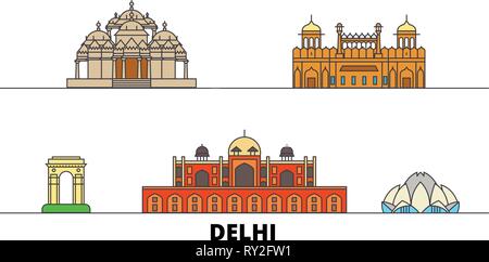 India, Delhi flat landmarks vector illustration. India, Delhi line city with famous travel sights, skyline, design.  Stock Vector