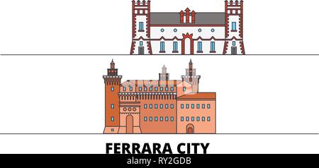 Italy, Ferrara City flat landmarks vector illustration. Italy, Ferrara City line city with famous travel sights, skyline, design.  Stock Vector