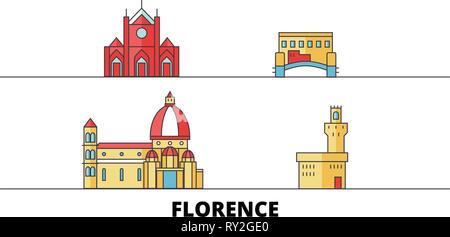 Italy, Florence City flat landmarks vector illustration. Italy, Florence City line city with famous travel sights, skyline, design.  Stock Vector