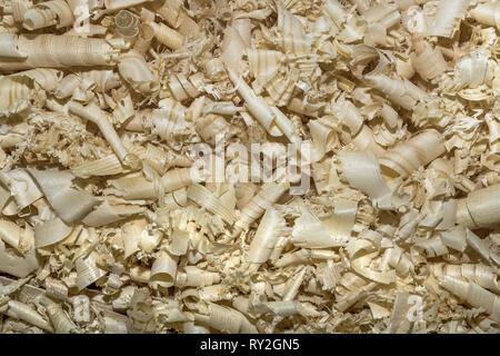 Background. A lot of wooden shavings close-up in full screen. Woodworking waste. Stock Photo