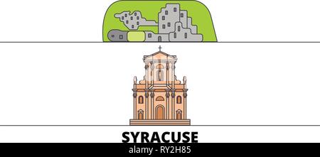 Italy, Syracuse City flat landmarks vector illustration. Italy, Syracuse City line city with famous travel sights, skyline, design.  Stock Vector