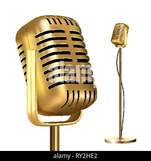 Retro Golden Microphone With Stand Vector. Musician Tool. Media Vocal Element. Illustration Stock Vector