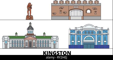 Jamaica, Kingston flat landmarks vector illustration. Jamaica, Kingston line city with famous travel sights, skyline, design.  Stock Vector