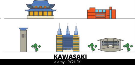 Japan, Kawasaki flat landmarks vector illustration. Japan, Kawasaki line city with famous travel sights, skyline, design.  Stock Vector