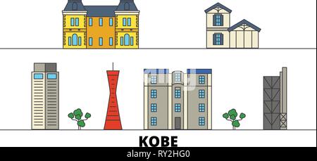 Japan, Kobe flat landmarks vector illustration. Japan, Kobe line city with famous travel sights, skyline, design.  Stock Vector