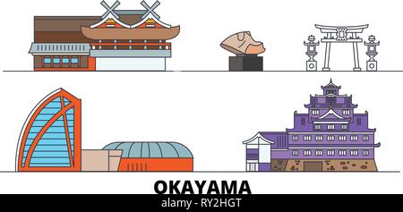 Japan, Okayama flat landmarks vector illustration. Japan, Okayama line city with famous travel sights, skyline, design.  Stock Vector