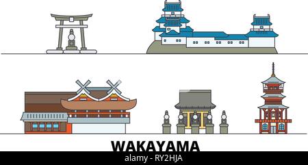 Japan, Wakayama flat landmarks vector illustration. Japan, Wakayama line city with famous travel sights, skyline, design.  Stock Vector