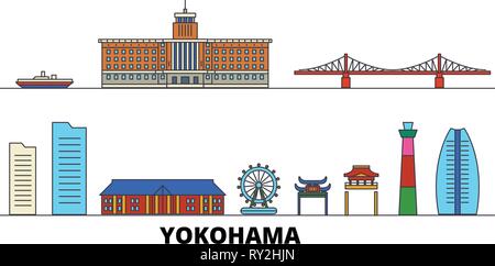 Japan, Yokohama flat landmarks vector illustration. Japan, Yokohama line city with famous travel sights, skyline, design.  Stock Vector