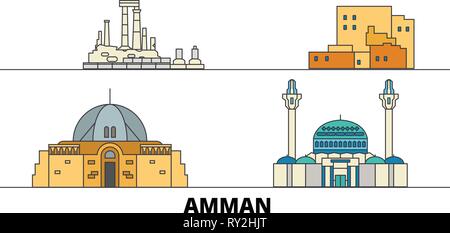 Jordan, Amman flat landmarks vector illustration. Jordan, Amman line city with famous travel sights, skyline, design.  Stock Vector