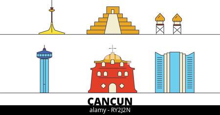 Mexico, Cancun flat landmarks vector illustration. Mexico, Cancun line city with famous travel sights, skyline, design.  Stock Vector