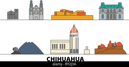 Mexico, Chihuahua flat landmarks vector illustration. Mexico, Chihuahua line city with famous travel sights, skyline, design.  Stock Vector