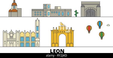 Mexico, Leon flat landmarks vector illustration. Mexico, Leon line city with famous travel sights, skyline, design.  Stock Vector