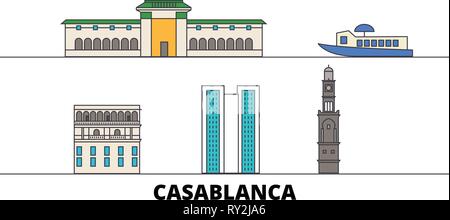 Morocco, Casablanca flat landmarks vector illustration. Morocco, Casablanca line city with famous travel sights, skyline, design.  Stock Vector