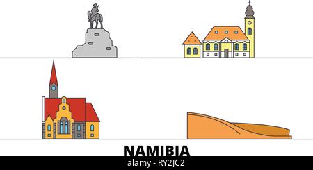 Namibia flat landmarks vector illustration. Namibia line city with famous travel sights, skyline, design.  Stock Vector