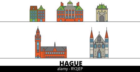 Netherlands, Hague flat landmarks vector illustration. Netherlands, Hague line city with famous travel sights, skyline, design.  Stock Vector