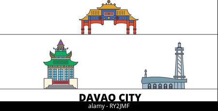 Philippines, Davao City flat landmarks vector illustration. Philippines, Davao City line city with famous travel sights, skyline, design.  Stock Vector