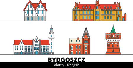 Poland, Bydgoszcz flat landmarks vector illustration. Poland, Bydgoszcz line city with famous travel sights, skyline, design.  Stock Vector