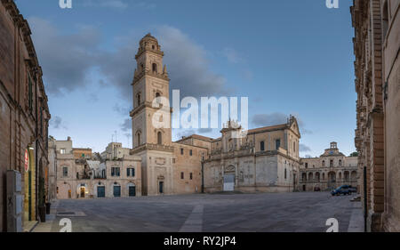 Panorama of Piazza del Duomo square , Campanile tower and Virgin Mary Cathedral ( Basilica di Santa Maria Assunta in Cielo ) in Lecce - Puglia, Italy.