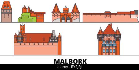 Poland, Malbork flat landmarks vector illustration. Poland, Malbork line city with famous travel sights, skyline, design.  Stock Vector