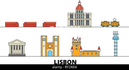 Portugal, Lisbon flat landmarks vector illustration. Portugal, Lisbon line city with famous travel sights, skyline, design.  Stock Vector