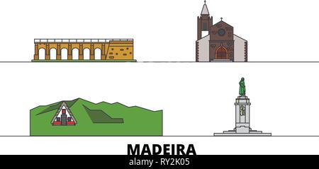 Portugal, Madeira flat landmarks vector illustration. Portugal, Madeira line city with famous travel sights, skyline, design.  Stock Vector