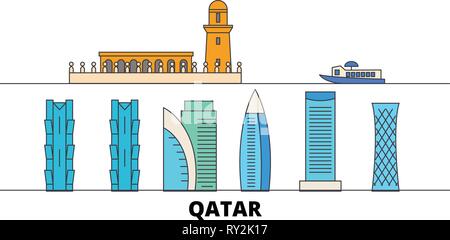 Qatar, Doha flat landmarks vector illustration. Qatar, Doha line city with famous travel sights, skyline, design.  Stock Vector