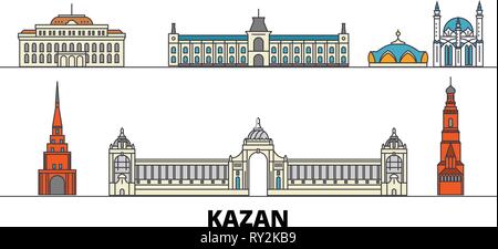 Russia, Kazan flat landmarks vector illustration. Russia, Kazan line city with famous travel sights, skyline, design.  Stock Vector