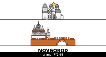 Russia, Novgorod flat landmarks vector illustration. Russia, Novgorod line city with famous travel sights, skyline, design.  Stock Vector