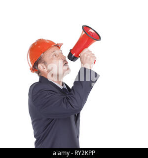 serious engineer with a screaming megaphone. photo with copy space Stock Photo
