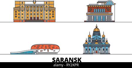 Russia, Saransk flat landmarks vector illustration. Russia, Saransk line city with famous travel sights, skyline, design.  Stock Vector