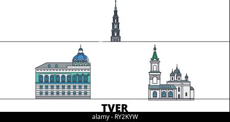 Russia, Tver flat landmarks vector illustration. Russia, Tver line city with famous travel sights, skyline, design.  Stock Vector