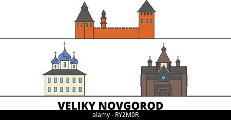 Russia, Veliki Novgorod flat landmarks vector illustration. Russia, Veliki Novgorod line city with famous travel sights, skyline, design.  Stock Vector