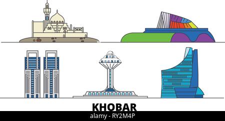 Saudi Arabia, Khobar flat landmarks vector illustration. Saudi Arabia, Khobar line city with famous travel sights, skyline, design.  Stock Vector