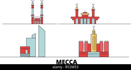 Saudi Arabia, Mecca flat landmarks vector illustration. Saudi Arabia, Mecca line city with famous travel sights, skyline, design.  Stock Vector