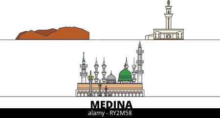 Saudi Arabia, Medina flat landmarks vector illustration. Saudi Arabia, Medina line city with famous travel sights, skyline, design.  Stock Vector
