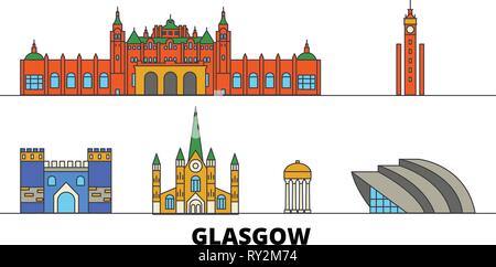 Scotland, Glasgow City flat landmarks vector illustration. Scotland, Glasgow City line city with famous travel sights, skyline, design.  Stock Vector