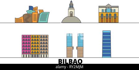 Spain, Bilbao flat landmarks vector illustration. Spain, Bilbao line city with famous travel sights, skyline, design.  Stock Vector