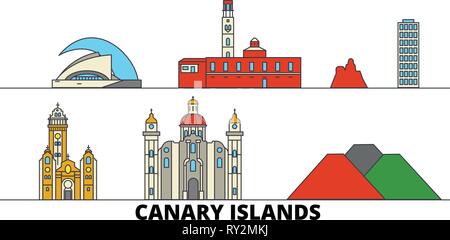 Spain, Canary Islands flat landmarks vector illustration. Spain, Canary Islands line city with famous travel sights, skyline, design.  Stock Vector