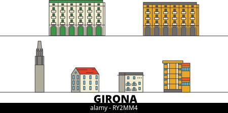 Spain, Girona flat landmarks vector illustration. Spain, Girona line city with famous travel sights, skyline, design.  Stock Vector