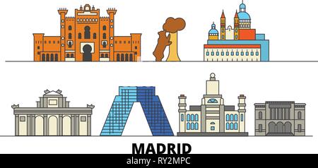 Spain, Madrid flat landmarks vector illustration. Spain, Madrid line city with famous travel sights, skyline, design.  Stock Vector