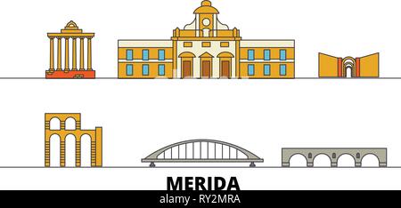 Spain, Merida flat landmarks vector illustration. Spain, Merida line city with famous travel sights, skyline, design.  Stock Vector