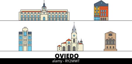 Spain, Oviedo flat landmarks vector illustration. Spain, Oviedo line city with famous travel sights, skyline, design.  Stock Vector