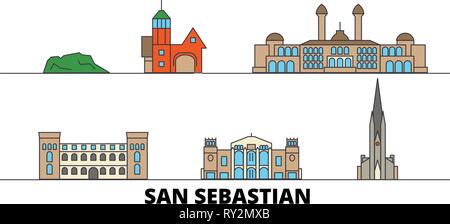 Spain, San Sebastian flat landmarks vector illustration. Spain, San Sebastian line city with famous travel sights, skyline, design.  Stock Vector