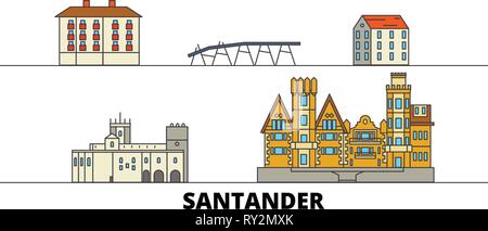 Spain, Santander flat landmarks vector illustration. Spain, Santander line city with famous travel sights, skyline, design.  Stock Vector