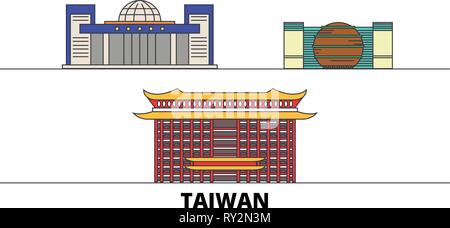 Taiwan, New Taipei City flat landmarks vector illustration. Taiwan, New Taipei City line city with famous travel sights, skyline, design.  Stock Vector
