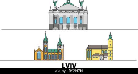 Ukraine, Lviv flat landmarks vector illustration. Ukraine, Lviv line city with famous travel sights, skyline, design.  Stock Vector